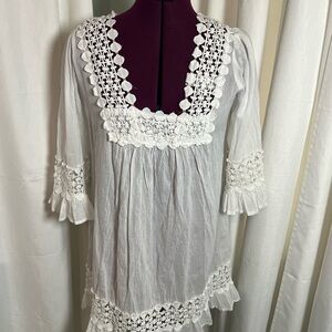 White Ruffled 3/4 Sleeve Bib Collar Swimsuit Coverup